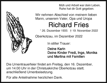 Traueranzeige von Richard Fries von Frankenpost