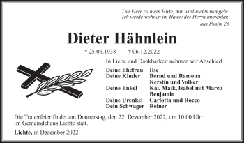 Traueranzeige von Dieter Hähnlein von Südthüringer Presse