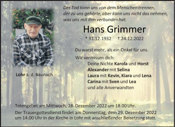 Traueranzeige von Hans Grimmer von Neue Presse Coburg
