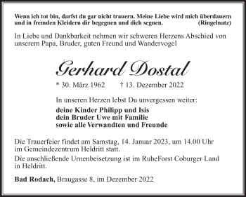 Traueranzeige von Gerhard Dostal von Südthüringer Presse
