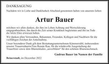 Traueranzeige von Artur Bauer von Südthüringer Presse