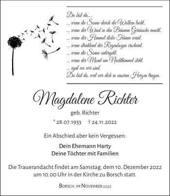 Traueranzeige von Magdalene Richter von Südthüringer Presse