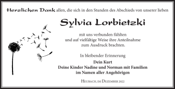 Traueranzeige von Sylvia Lorbietzki von Südthüringer Presse