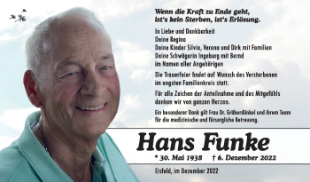 Traueranzeige von Hans Funke von Südthüringer Presse