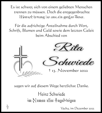 Traueranzeige von Rita Schwiede von Südthüringer Presse