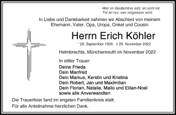 Traueranzeige von Erich Köhler von Frankenpost