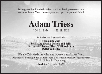 Traueranzeige von Adam Triess von Südthüringer Presse