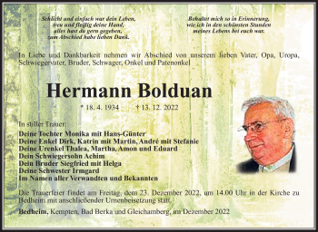 Traueranzeige von Hermann Bolduan von Südthüringer Presse