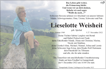 Traueranzeige von Lieselotte Weisheit von Südthüringer Presse