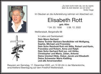 Traueranzeige von Elisabeth Rott von Frankenpost