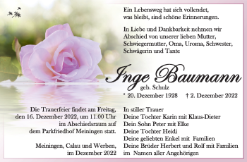 Traueranzeige von Ingeburg Baumann von Südthüringer Presse