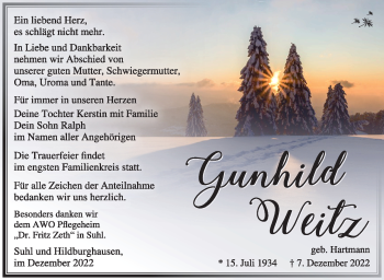 Traueranzeige von Gunhild Weitz von Südthüringer Presse