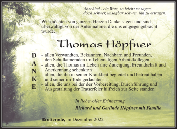Traueranzeige von Thomas Höpfner von Südthüringer Presse