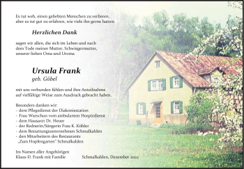 Traueranzeige von Ursula Frank von Südthüringer Presse