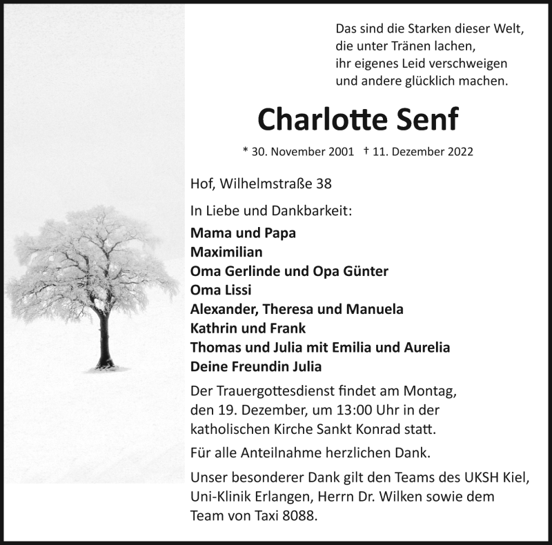  Traueranzeige für Charlotte Senf vom 15.12.2022 aus Frankenpost