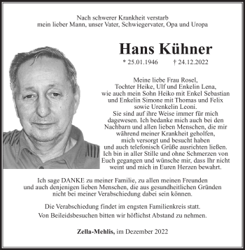 Traueranzeige von Hans Kühner von Südthüringer Presse