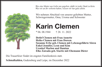 Traueranzeige von Karin Clemen von Südthüringer Presse