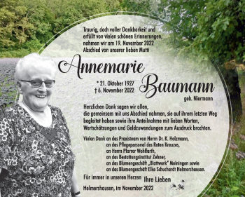 Traueranzeige von Annemarie Baumann von Südthüringer Presse