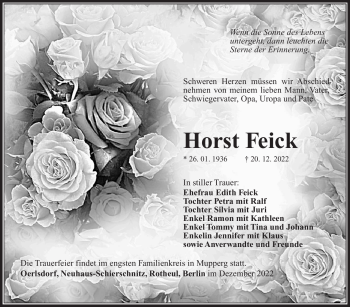 Traueranzeige von Horst Feick von Südthüringer Presse