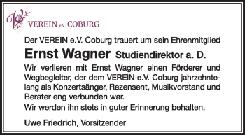 Traueranzeige von Ernst Wagner von Neue Presse Coburg