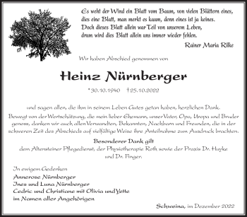 Traueranzeige von Heinz Nürnberger von Südthüringer Presse