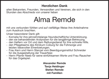 Traueranzeige von Alma Remde von Neue Presse Coburg