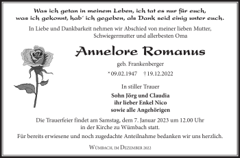 Traueranzeige von Annelore Romanus von Südthüringer Presse
