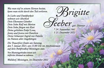 Traueranzeige von Brigitte Seeber von Südthüringer Presse