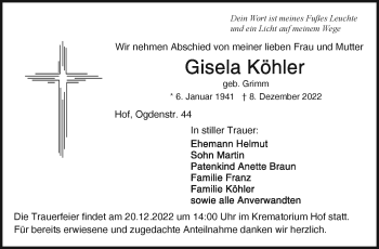 Traueranzeige von Gisela Köhler von Frankenpost
