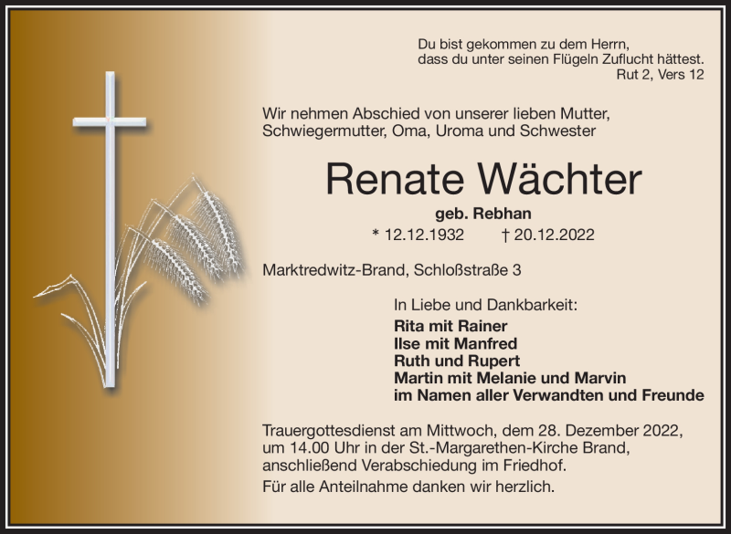  Traueranzeige für Renate Wächter vom 24.12.2022 aus Frankenpost