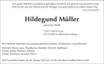 Traueranzeige von Hildegard Müller von Neue Presse Coburg
