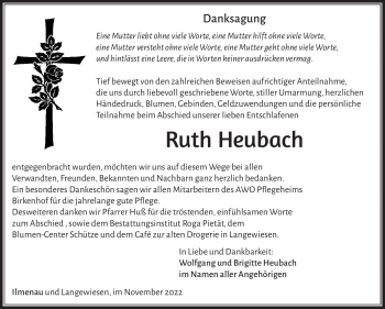 Traueranzeige von Ruth Heubach von Südthüringer Presse