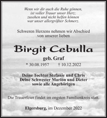 Traueranzeige von Birgit Cebulla von Südthüringer Presse