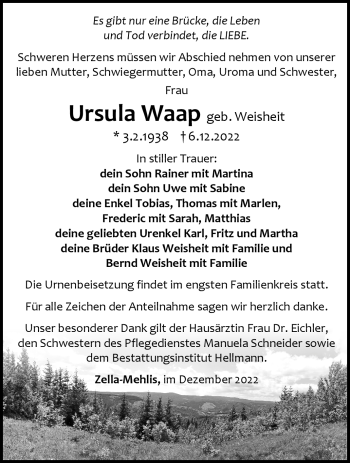 Traueranzeige von Ursula Waap von Südthüringer Presse