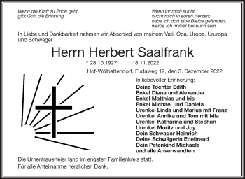 Traueranzeige von Herbert Saalfrank von Frankenpost