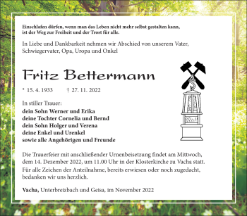 Traueranzeige von Fritz Bettermann von Südthüringer Presse