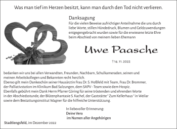 Traueranzeige von Uwe Paasche von Südthüringer Presse