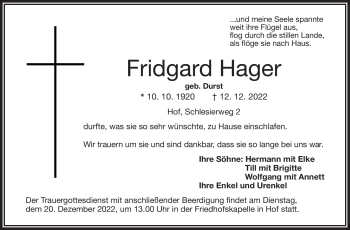 Traueranzeige von Fridgard Hager von Frankenpost