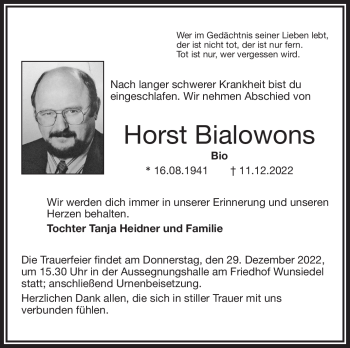 Traueranzeige von Horst Bialowons von Frankenpost