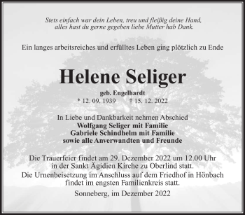 Traueranzeige von Helene Seliger von Südthüringer Presse