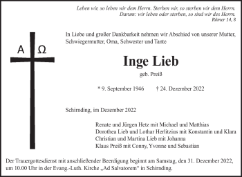 Traueranzeige von Inge Lieb von Frankenpost