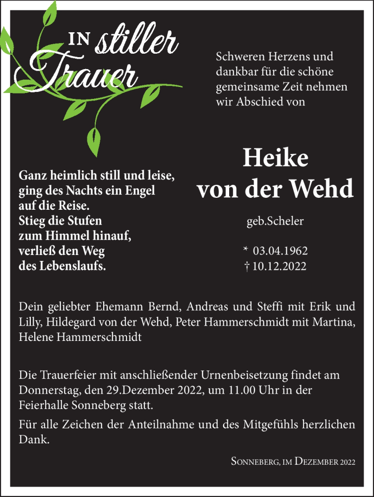  Traueranzeige für Heike von der Wehd vom 17.12.2022 aus Südthüringer Presse