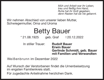Traueranzeige von Betty Bauer von Neue Presse Coburg