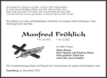 Traueranzeige von Manfred Fröhlich von Südthüringer Presse