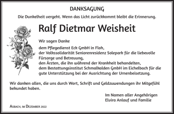 Traueranzeige von Ralf Dietmar Weisheit von Südthüringer Presse