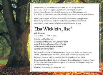 Traueranzeige von Elsa Wicklein von Südthüringer Presse