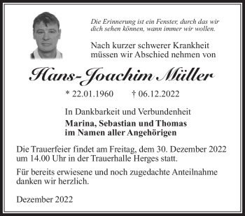 Traueranzeige von Hans-Joachim Müller von Südthüringer Presse