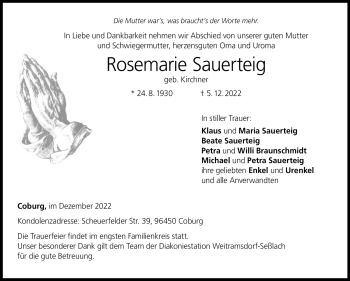 Traueranzeige von Rosemarie Sauerteig von Neue Presse Coburg