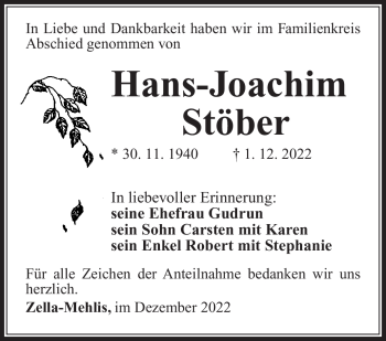 Traueranzeige von Hans-Joachim Stöber von Südthüringer Presse