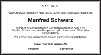 Traueranzeige von Manfred Schwarz von Südthüringer Presse